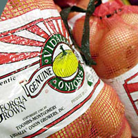 Harvested Sweet Vidalia Onions A mesh bag filled with sweet Vidalia Onions displays a label that reads "Vidalia" and "Genuine Georgia Brown Onions." The onions are partially visible through the red and white mesh.